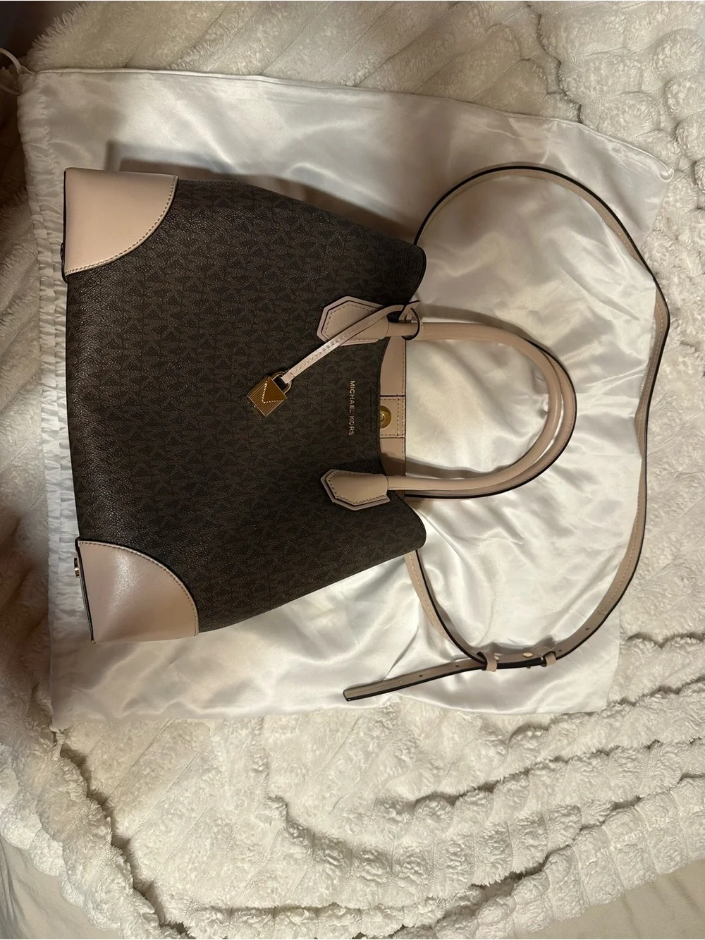 Michael Kors Dark Brown Monogram Tote with Blush Trim